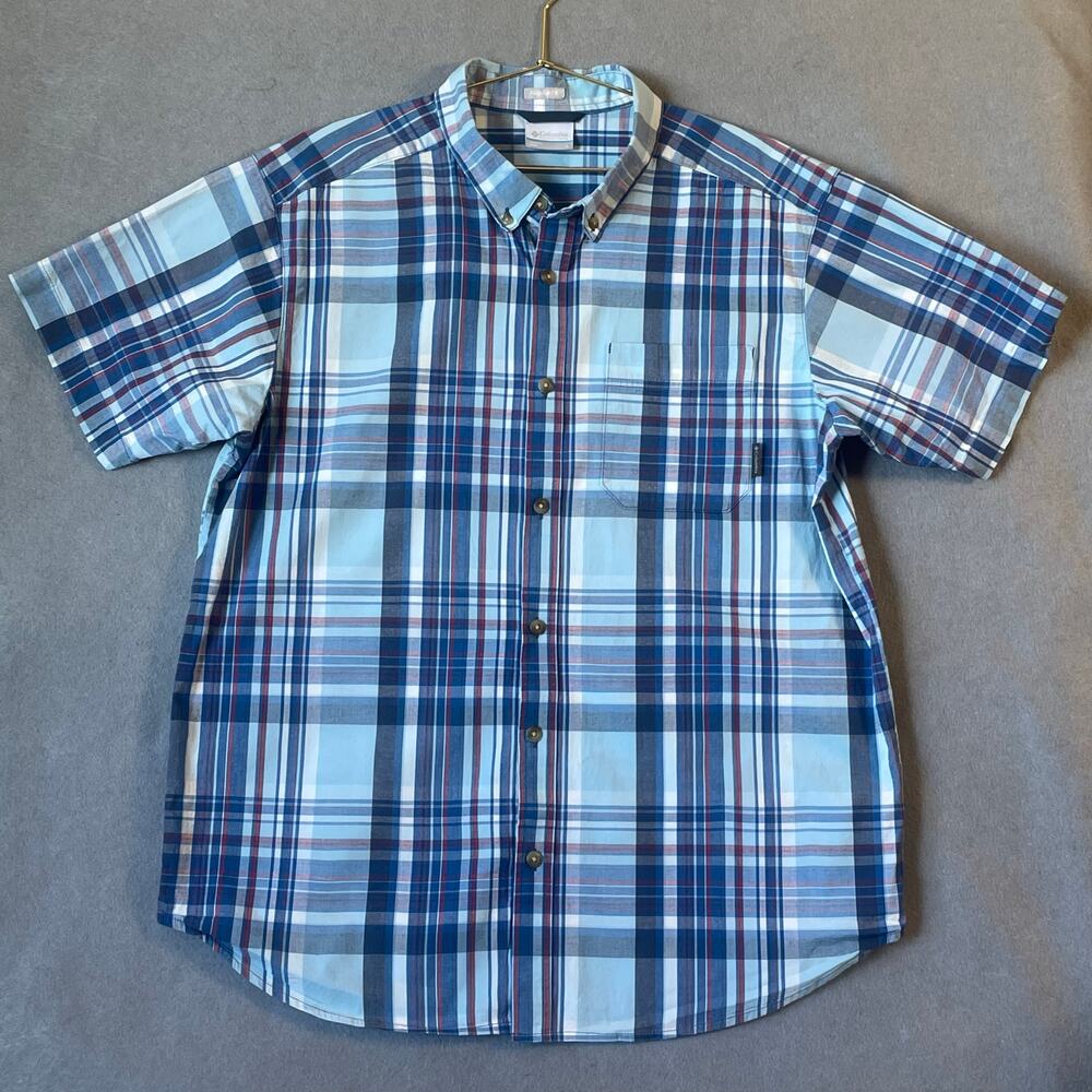 Columbia Mens Regular Fit Short Sleeve Plaid Button Up Shirt Size Large
